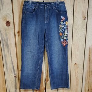 Talbots Womens High Waisted Wide-leg Denim Jeans With Floral Embroidery Size 10